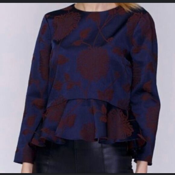 Zara Woman Pepplum Blue and Maroon Floral Trafaluc Top Size Small - Picture 1 of 13